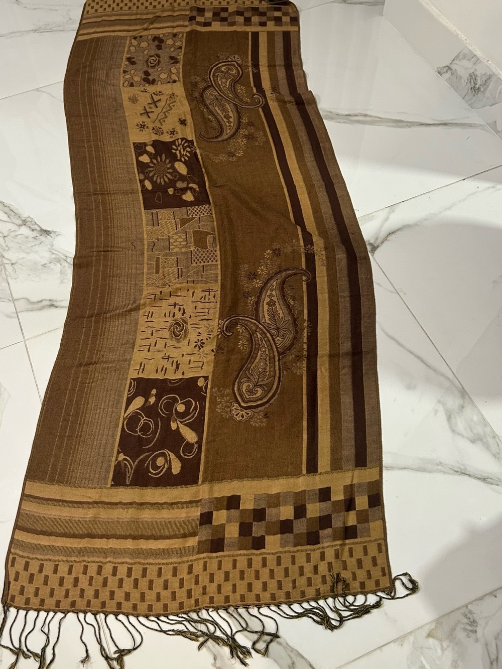 pashmina Brown & Tan Paisley Patchwork Scarf Wrap